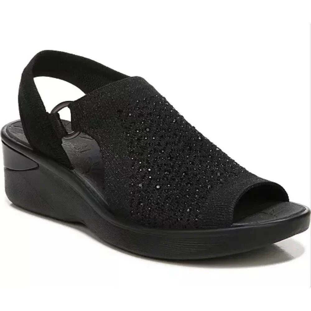 LifeStride 2” Star Bright Washable Wedge Slingback Sandals Black Rhinestone 7.5
